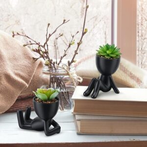 Mini Succulents Plants Artificial in Black Ceramic Pots Desk Decor